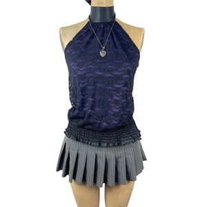 Gothic Victorian Halter Top Lace Smocked Hem Women M/L Dark Academia Coquette